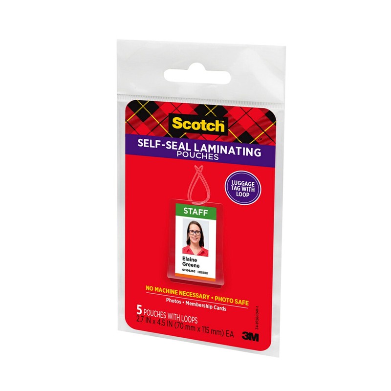 3M Scotch Self-Sealing Laminating Pouches, Bag Tags with Loops, Glossy,