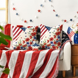 4th of July Patriotic Poppy Floral Throw Pillow Covers, 18 x 18 Inch Independence Day Memorial Day America Flag Stars Decor Cushion Case for Sofa Couch Set of 2