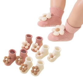 Belsmi Baby Girls Socks Non Slip Grips Princess Flower Ankle Crew Infant Summer Newborn Toddler Kids Anti Skid Socks (US, Age, 0 Months, 6 Months, White Pink)