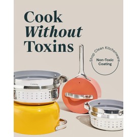 Caraway Nonstick 3 Qt Ceramic Sauce Pan with Lid & Steamer - Non Toxic, PTFE & PFOA Free - Oven Safe & Compatible with All Stovetops (Gas, Electric & Induction) - Marigold