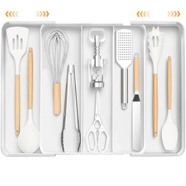 Organizador de Cubiertos Expandible 5 Compartimentos Con Ranura de Drenaje, Cajones Con Separadores, Porta Cubiertos para Cajon para Cucharas Tenedores y Cuchillos