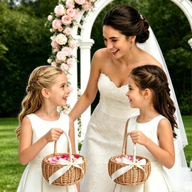Flower Girl Baskets Wicker Basket Rustic Wicker Picnic Basket with Handle Cute Rattan Easter Baskets Wicker Storage Basket Decorative Basket for Wedding Garden and Home Decor