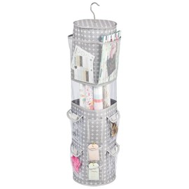 mDesign Hanging Storage for Gift Wrapping - Rotating Wrapping Paper Organiser with 13 Small Compartments and 1 Large Compartment for Paper Rolls - Hanging Organiser for Clothes Rail - Grey