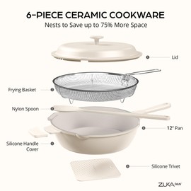 ZUKA 10 in 1 Ceramic Pan by Granitestone, Large 12 Inch Saute Pan with Lid Serves as Deep Frying Pan Set with Steamer, Everyday Skillet, Non Toxic Ceramic Nonstick, Induction Oven & Dishwasher Safe