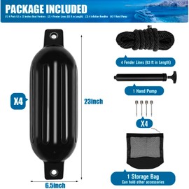 GDHSWJ Boat Fenders, Boat Bumpers for Docking 4 Pack Boat Fender 6.5" x 23" Boat Buoys Bumpers with 4 Ropes, 4 Needles and 1 Pump for Pontoon Boat Speed Boats Sail Boat Docks,Black
