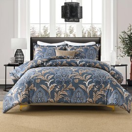 Finlonte Cotton Queen Size Comforter Set, Navy Paisley Bedding Set with Floral Damask Patterns, Ultra Soft Duvet Insert, Fluffy Quilted All-Season Luxury Bed Set with 2 Pillowshams, Navy Blue/Brown