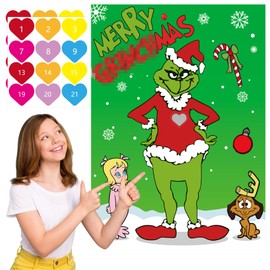 AINECON Festive Christmas Game Fun Family Adults Kids Xmas Party Activity with Pin The Heart on The Green Monster Christmas Game for Kids