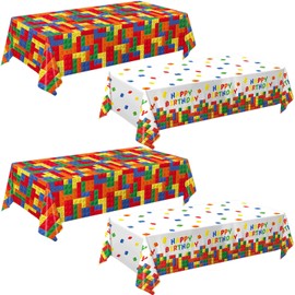 LINHAXM 4 Pack Building Block Party Tablecloths, Colorful Blocks Bricks Disposable Plastic Table Covers for Kids’ Block-Themed Birthday Party Supplies, 54 × 108 Inches