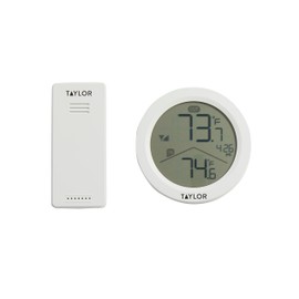 Taylor Taylor Digital Wireless Round Indoor Comfort Level Thermometer and Clock, Wireless Remote Sensor, Easy-to-Read Display for Home, Office, Greenhouse, Nursery, and Indoor Areas, LCD, White