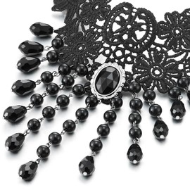 Gothic Victorian Nostalgic Black Lace Choker Necklace with Dangling Black Bead Charms Link Chain(CA)