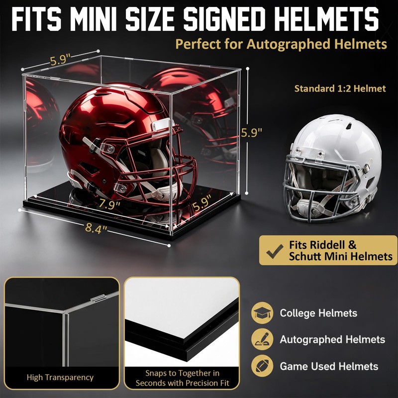 Hushee 2 Pack Mini Football Helmet Display Case with Mirror