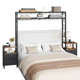 Headboard for Queen Size Bed with 2 Nightstands, Headboard for Full Size Bed with USB & Type C Port and Wireless Charging, Metal Head Board with Storage Shelves, Adjustable length, Easy Assembly,Black