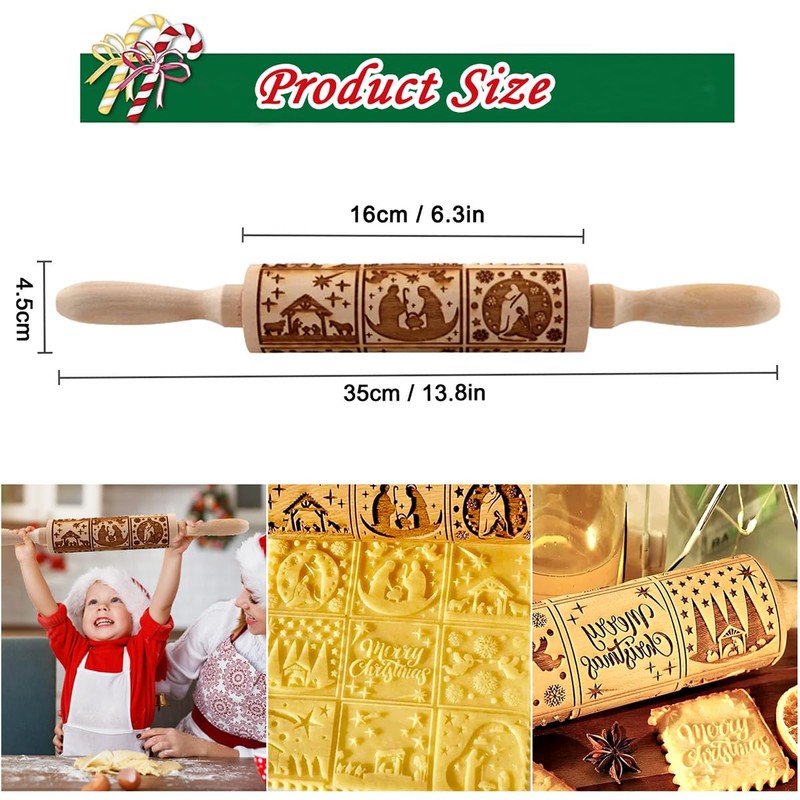 Christmas Rolling Pin, 3D Embossing Rolling Pin, Wooden Rolling Pin