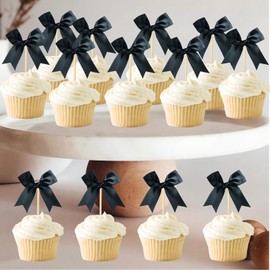 24PCS Coquette Bow Cupcake Toppers, Black Bow Coquette Birthday Decorations for Bridal Shower Party Supplies Bachelorette Engagement Wedding Baby Shower Girl Bow Theme Birthday Party Decorations
