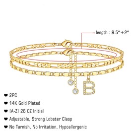 TINGN Anklet for Women, 14K Gold Plated/Silebr CZ Letter Anklets for Women, Anklets Adjustable Double Anklets, Sturdy Figaro Chain Anklet Wife Girls Daughter Girlfriend Gift