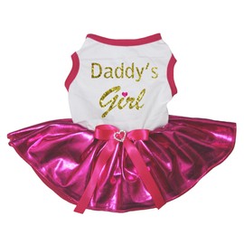 Petitebella Daddy's Girl Puppy Dog Dress (White/Bling Hot Pink, Medium)