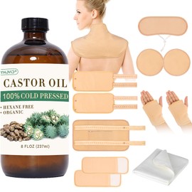 13 Pcs Castor Oil Pack Wrap, Organic Cold Pressed Unrefined Glass Bottle for Liver Detox, Stomach, Neck, Knee, Foot & Entire Body, Organic Cotton Reusable Pads Kit for Hot/Cold Compress