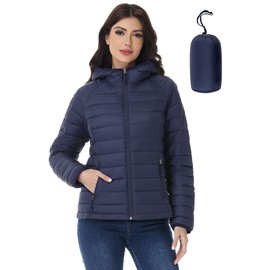 SLOW DOWN Women Lightweight Puffer Jacket, Women Hooded Packable Winter Jacket(Navy,XL)