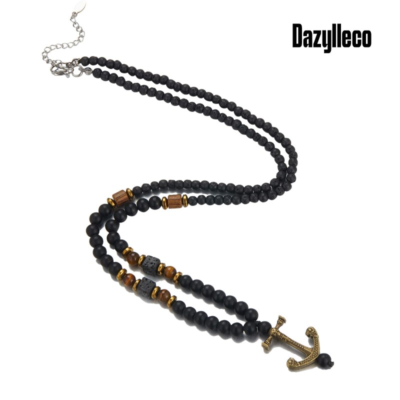 Mens Long Beaded Necklace Black Bead Necklace with Pendant Costume