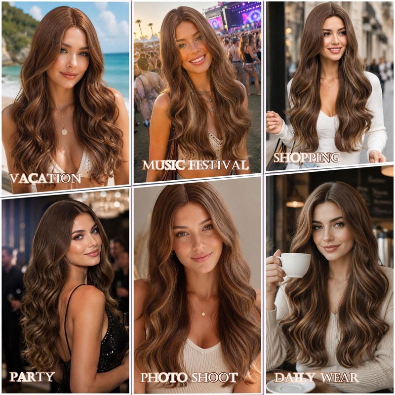 Brown Highlight Lace Front Wig 24 Inch Long Wavy Synthetic