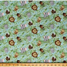 Cotton Animals Lions Elephants Giraffes Safari Jungle Baby Babies Nursery Cotton Fabric Print by The Yard (JBPR-1594B) Fabric Traditions, Blue