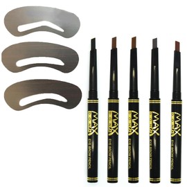 Maxdona Waterproof Retractable Long Lasting Professional Eyebrow Shaping Pencil Eye Brow Template Liner Shape Kit + 3 Stencils (Dark Brown)