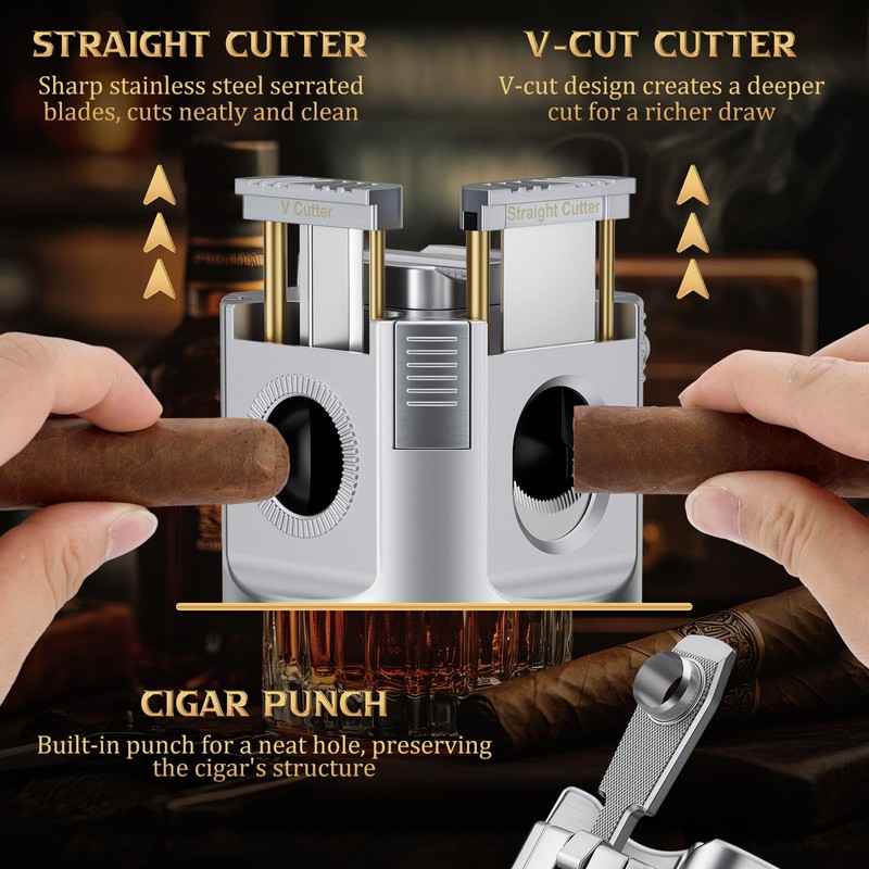 XIFEI 8-in-1 Desktop Cigar Lighter with Straight V-Cut Cutter, 3