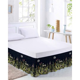 RisQiten Spring Floral Bed Skirt Queen Size 16 Inch Drop, Summer Botanical Flower Adjustable Elastic Bedskirt Dust Ruffle for Queen Bed, Starry Sky Black Wrap Around Bed Skirts Pleated Bed Frame Cover