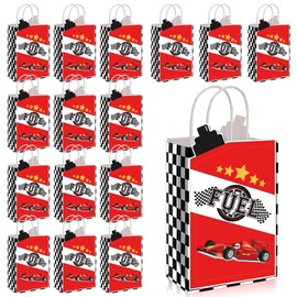 MotiMind 16 Pcs Race Car Fuel Treat Bags Racing Birthday Party Supplies Gift Black White Checkered Flag Paper Boxes Candy Goodies Bags with Handles for Wedding Bridal Baby Shower Party Favor Decor