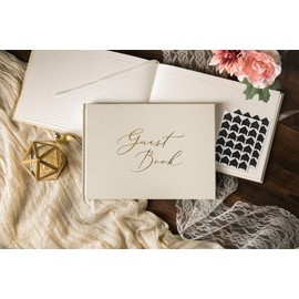 Luxury Blank Guest Book – Large 11.5x8.5” Cream Linen Hardcover with Gold Foil Embossed Cover & Gilded Edges – Unlined Wedding, Baby Shower, or Memory Book for Events