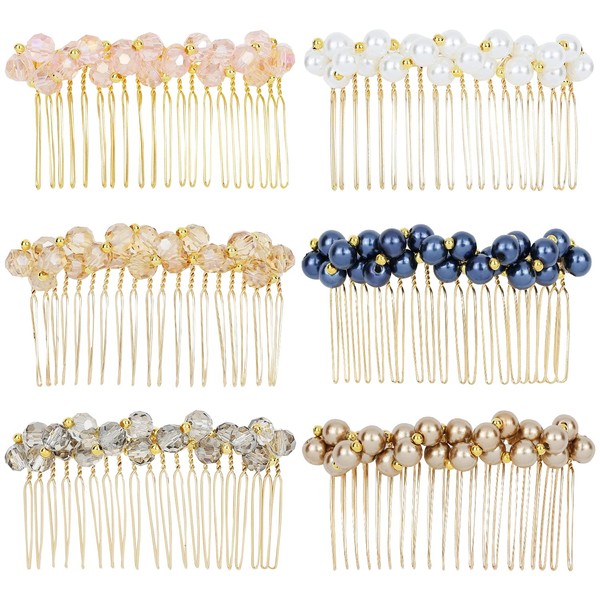 6 Pack Luxury Fancy Jeweled Gems Crystal Diamond Pearl Rhinestone Glitter Sparkly Metal Side Hair Combs With Teeth Slide Hair Clips Barrettes French Twist Bun Thick Hair Holder for Women Girl
