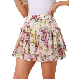 Allegra K Women's Fresh Floral Print Skirt Elastic High Waist Layer Ruffle A-Line Mini Short Skirts Large White