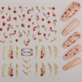 DUKASOU Gold Flower Nail Stickers Decals, 3D Nail Art Nail Art Stickers Gold Line Nail Decals Adhesive Metal Stripe Wave Nail Sticker for Women Manicure Decorations