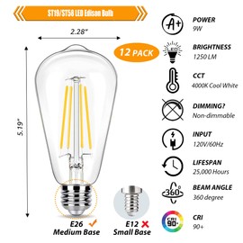 winsaLED 100 Watt LED Bulb, 12 Pack 9W LED Edison Light Bulbs 100 Watts Incandescent Bulbs Equivalent, 4000K Cool White with E26 Standard Base, 120V Input Not Dimmable, High Brightness, CRI 90