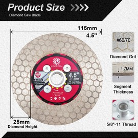 FOCSTOL Diamond Tile Saw Blade - 4.5''(115mm) Cutting and Grinding Disc Wheel with 5/8"-11 Flange for Porcelain Ceramic Tile Marble Granite Artificial Stone