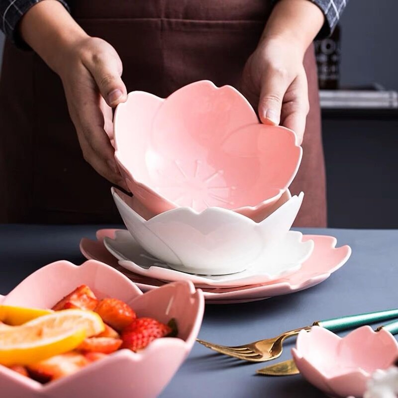 KKGUD Cute Cherry Blossom Ceramic Serving Bowl with Saucer and