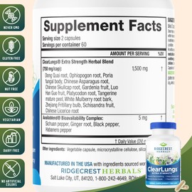 RidgeCrest Herbals Ridgecrest Herbals ClearLungs Extra Strength, Natural Lung, Nasal Health Formula, Bronchial, Respiratory, Sinus, Mucus Support (120 Caps, 60 Serv)