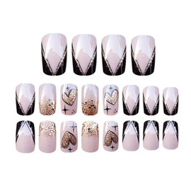 Square Press on Nails Medium Fake Nails French Tip Press on Nails Gold Glitter Heart Designs Shiny Glossy Reusable Artificial False Nails Short French Nails with Valentines Day Nails Gifts For Women