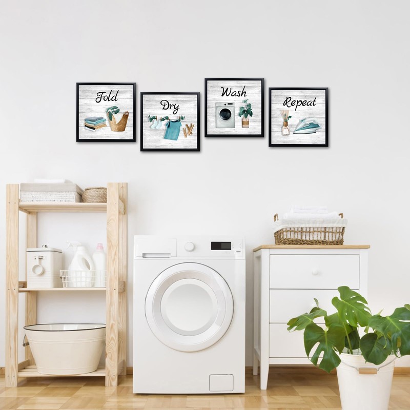 Artmyharbor 4 Pieces Wash Dry Fold Repeat Laundry Wall Art