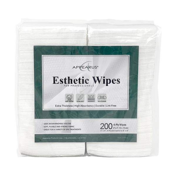 Extra Thick Esthetic Wipes - Appearus 100% Viscose 4x4 Lint Free Facial Wipe (200 Count)