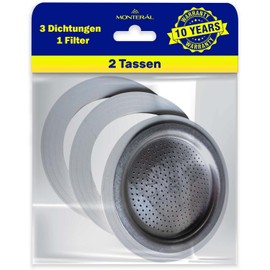 Satz mit 3 Gummidichtung und 1 Kaffeefilter Edelstahl passend für die Italienische Espressokocher für Bialetti Moka 2 Tassen Garantie 10 Jahre - MONTERAL