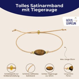 Glücksschmiedin - Tigerauge Armband Damen mit Karten-Set, Edelsteinarmband Braun mit Goldperlen und schönem Schmucksäckchen mit 6 verschiedenen Glückwunschkarten für jeden Anlass.