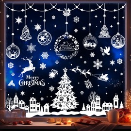heekpek Christmas Window Stickers 244 Pcs Large Xmas Window Stickers Christmas Scene PVC Snowflake Reindeer Stickers Removable Window Clings for Christmas Decorations