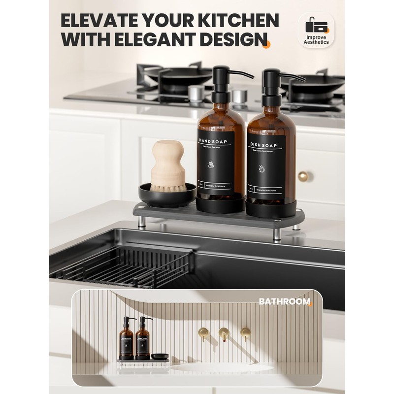 [Luxury] Kitchen Soap Dispenser Set - 16OZ Glass Bottle, Stainless