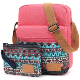 Leaper Girls Crossbody Purses 2 PCS Vintage Messenger Bag Canvas Crossbody Bag and Purse Set for Women Light Red
