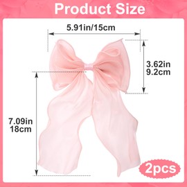Lekgavd 2Pcs Large Hair Bow Clips, Light Pink Ribbon Hair Bows, Elegant French Silk Long Tail Bowknot Spring Snap Barrettes for Women for Wedding, Christmas, Parties