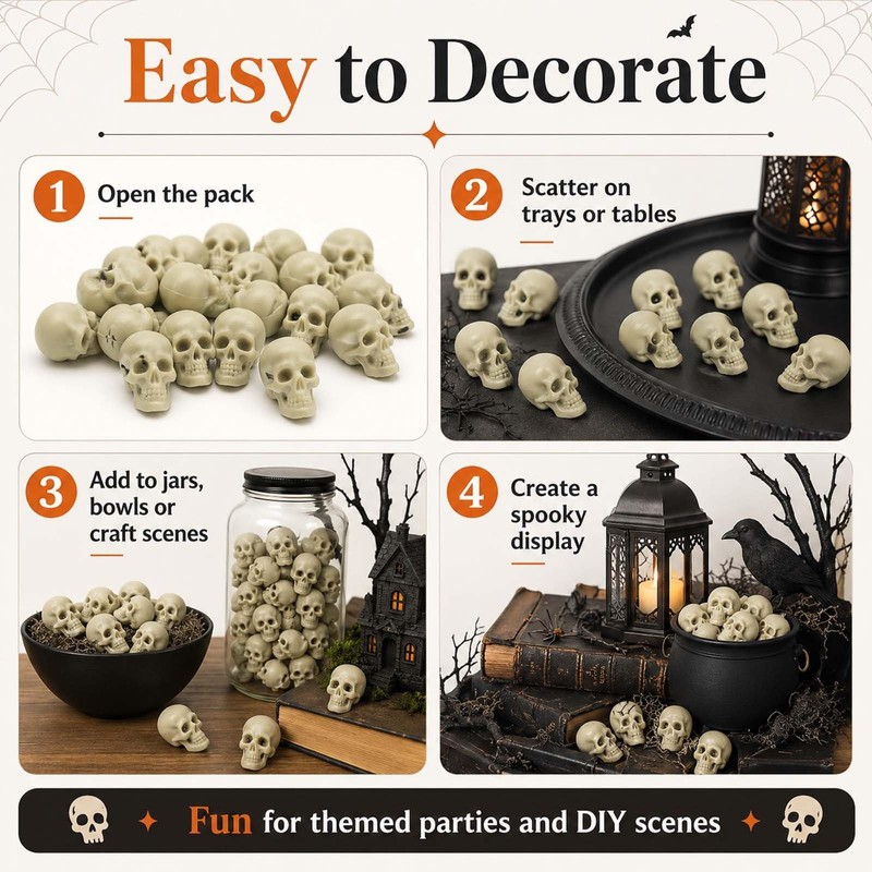 Derkiua 100pcs Mini Plastic Skull Heads for Halloween Decorations