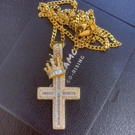 ICEDIAMOND Iced Out Royal Crown Cross Pendant with Rope Chain, Full Shiny CZ Lab Diamond Necklace, Hip Hop Stylish Jewelry for Men Women (Gold,24''Curb)