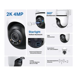 Tapo TP-Link Tapo C520WS berwachungskamera Au?en, Starlight Farbe Nachtsicht,360 Kamera , 2K 4MP, 2 leistungsstarke Antennen,IP66 wetterfest, Sicherer lokaler&Cloud-Speicher, AI-Erkennung, APP