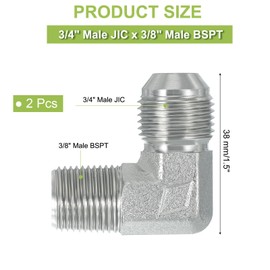 PATIKIL 90-Grad-Rohradapter, 2 Stück 3/4" männlicher 37°-Flare-JIC x 3/8" männlicher BSPT-Verbinder aus Kohlenstoffstahl für Luft, Hydraulikflüssigkeit, Kraftstoff, Wasser, Öl, Silber